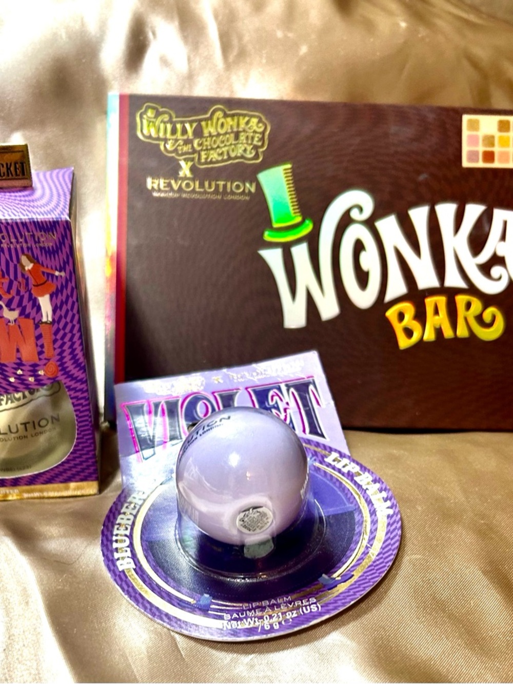 Willy Wonka eye, palette lip, balm, highlighter, and golden ticket brooch ()